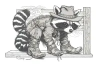 a raccoon wearing cowboy boots and looking seductively. include the words "honey" and "don't stop"  tattoo design idea