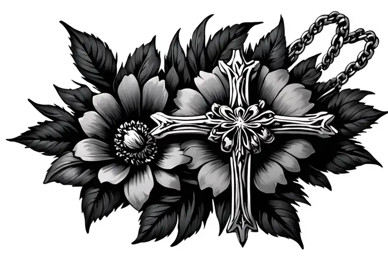 floral cross necklace tattoo design idea