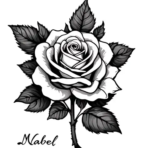 Rose with paw prints as leaves and the stem going halfway then saying "Mabel" vertically and then the stem continues tattoo design idea