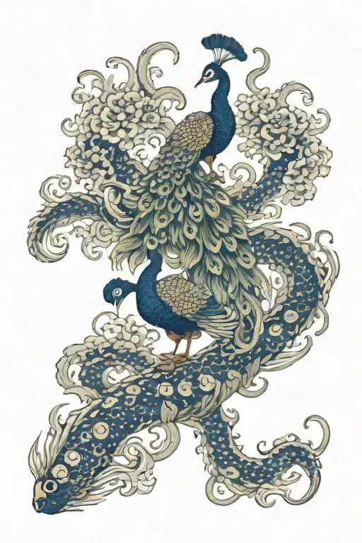 peacock and hydra dragon with 3 heads tattoo design idea