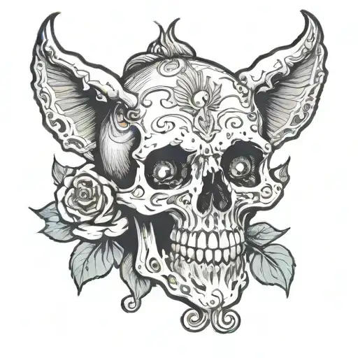 pale petite sexy woman demon, showing the feet soles on top of a skull tattoo design idea