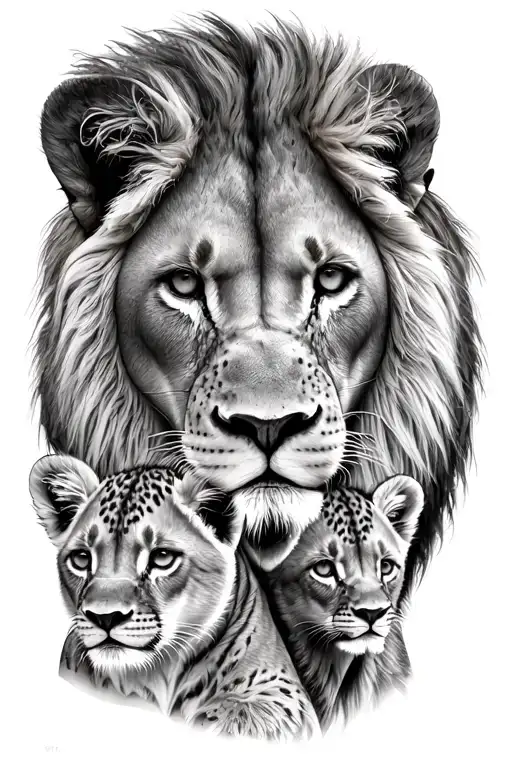 lion lioness half face and 2 cubs face only tattoo design idea