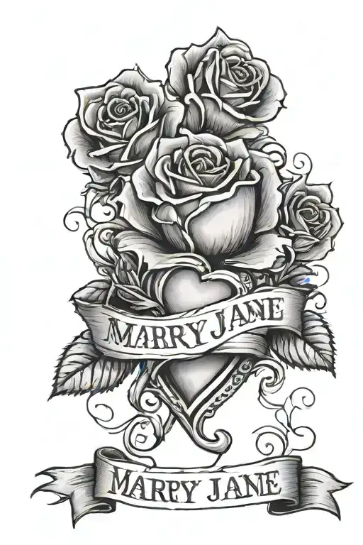 black and white tattoo, a heart and rose with a banner across them with the name Maryjane in it.  tattoo design idea