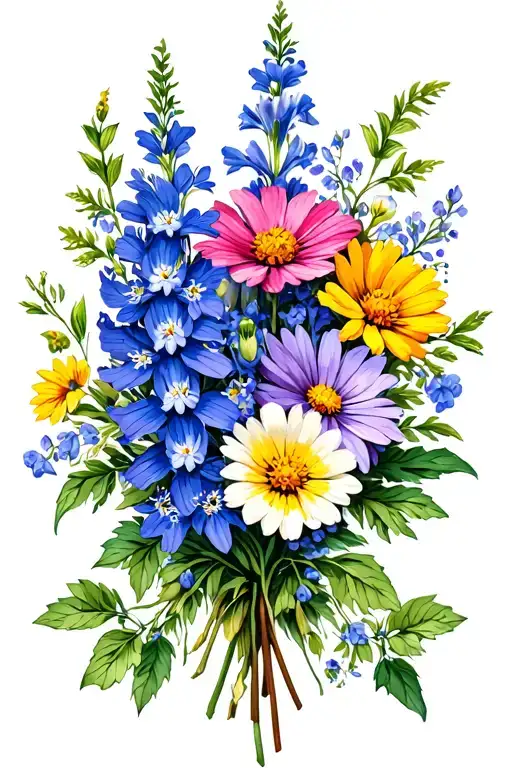 Bouquet with Delphinium, Aster, Cosmos, Jonquil tattoo design idea