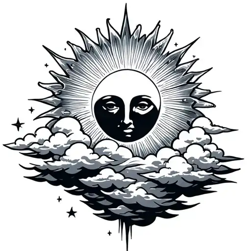 sun shining with clouds below the sun with stars inside the clouds in a outer forearm template  tattoo design idea
