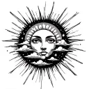 sun shining with clouds below the sun with stars inside the clouds in a outer forearm template  tattoo design idea