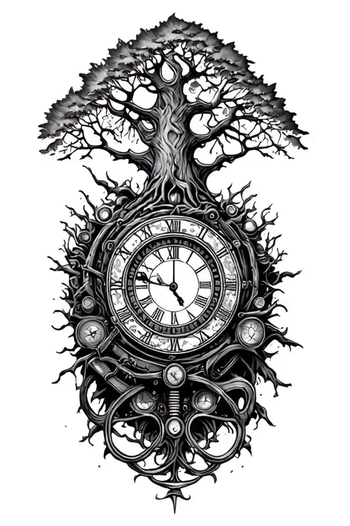 tree of life, harley engine, libra scales & time piece tattoo design idea