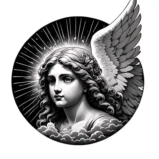 angel face surrounded by clouds and sun rays tattoo design idea