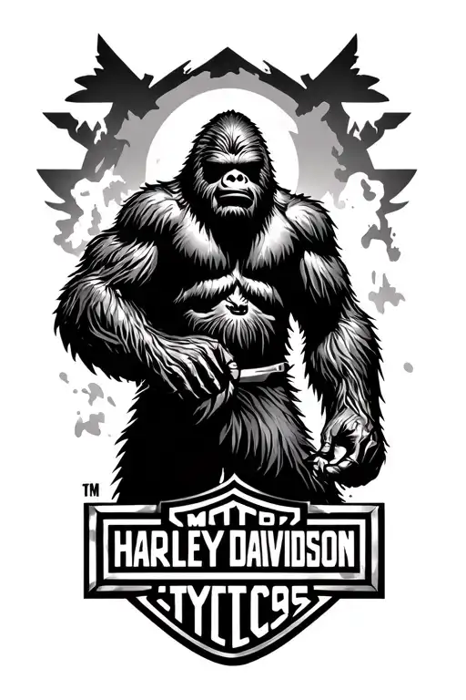 Sasquatch with Harley davidson bar and shield tattoo design idea