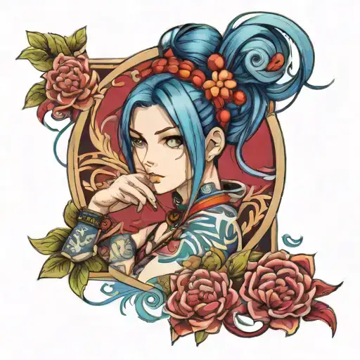 1girl, against_wall, arm_tattoo, blue_eyes, blue_hair, braid, breasts, facial_tattoo, jinx_\(league_of_legends\), long_h tattoo design idea