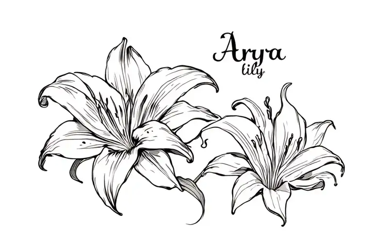 lily tattoo with text  "Arya lily" tattoo design idea