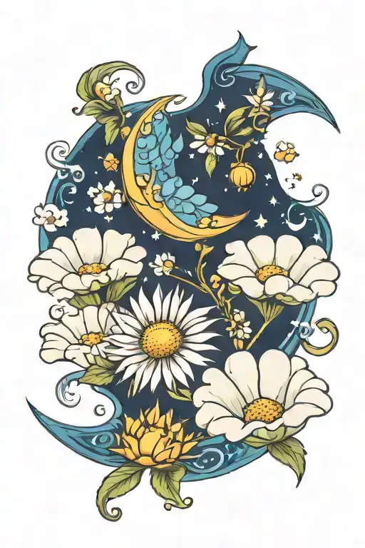 white daisys and blue crescent moon  tattoo design idea