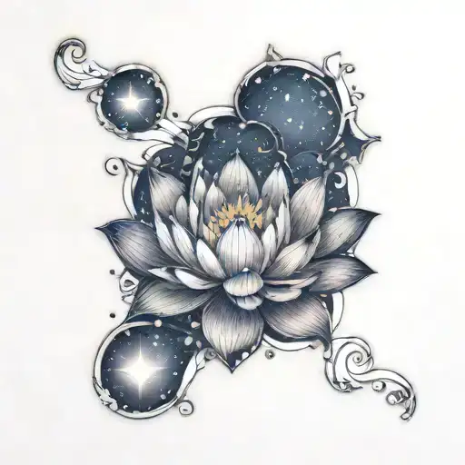 lotus, moon, stars forming the shape tattoo design idea