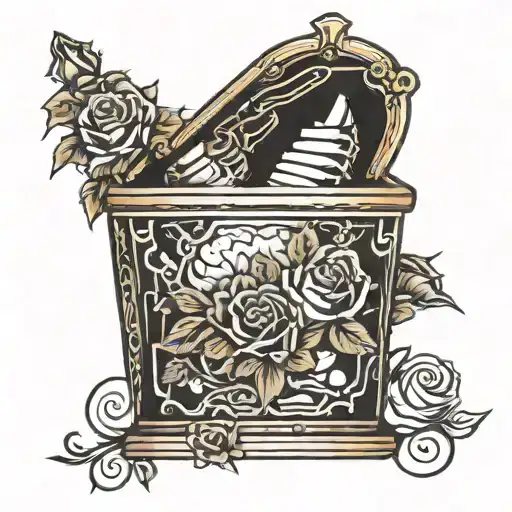 Open coffin with roses around it tattoo design idea