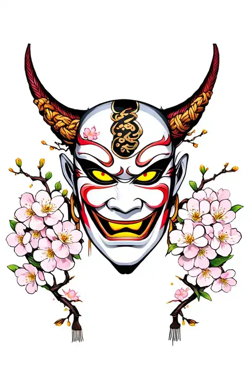 hannya mask with yellow eyes, traditional rope, cherry blossoms tattoo design idea