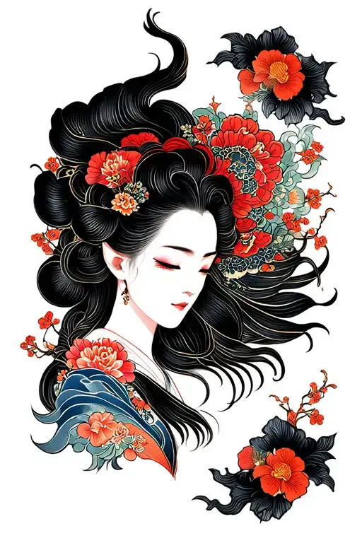 Japanese style tattoo. Starts with half of the shoulder and ends at the hand tattoo design idea