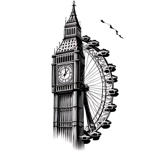 A detailed tattoo of Big Ben and the London Eye intertwined with gears and machinery tattoo design idea