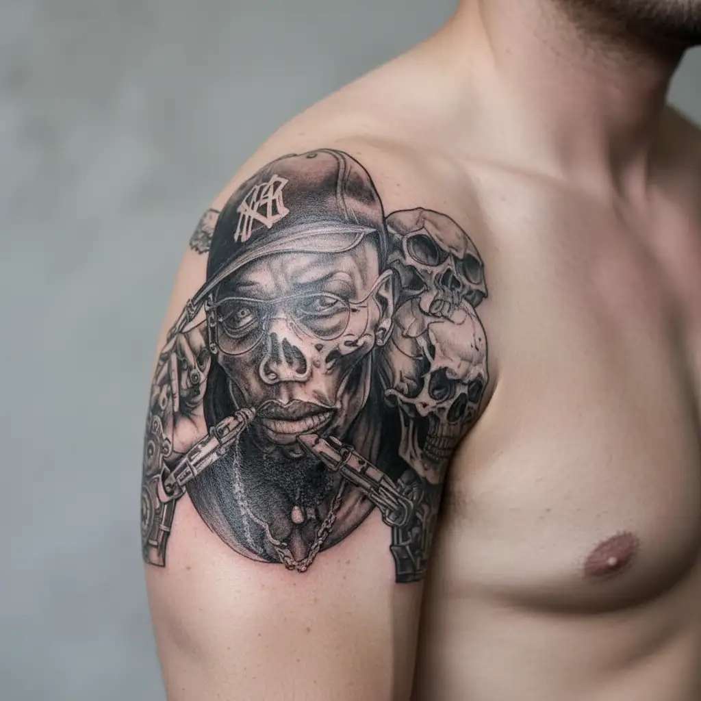 A realistic portrait of a famous hip-hop artist with a pet skull incorporated into the design tattoo design idea