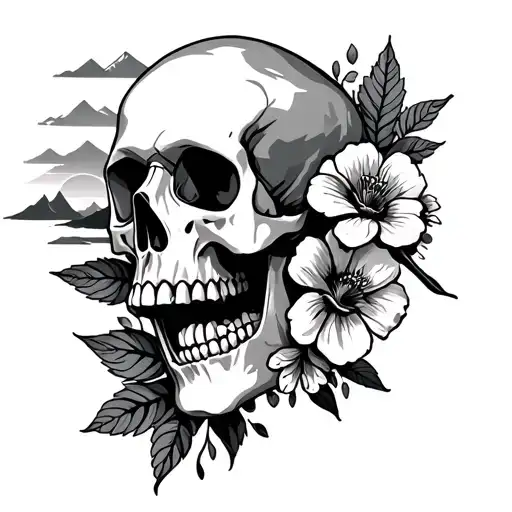 skulls and flowers with mountains and sunset sky tattoo design idea