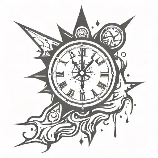 star and clock melting tattoo design idea
