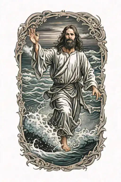 Hyper Realistic, Portrait of Jesus Christ walking on water waves, stormy waters tattoo design idea