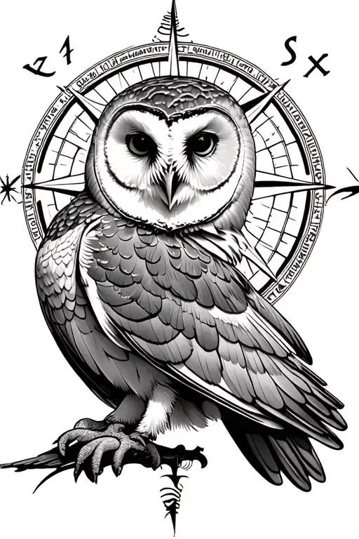 barn owl flying compass astrology background tattoo design idea