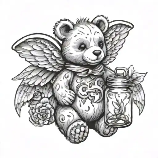 Teddy bear with angel wings holding jar of dragon flies tattoo design idea