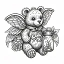 Teddy bear with angel wings holding jar of dragon flies tattoo design idea