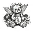 Teddy bear with angel wings holding jar of dragon flies tattoo design idea