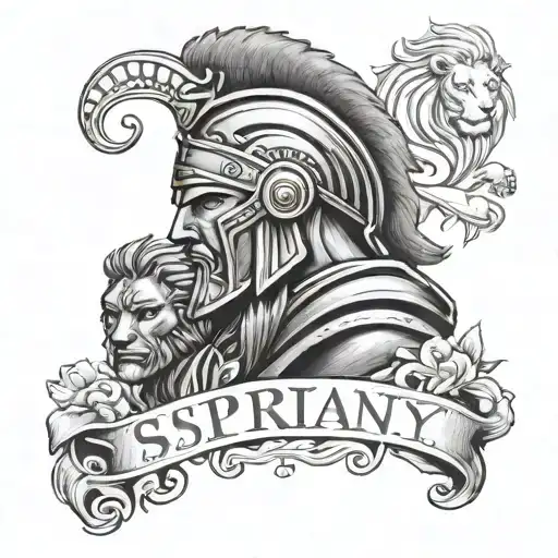 spartan warrior and lion head blended with family quote  tattoo design idea