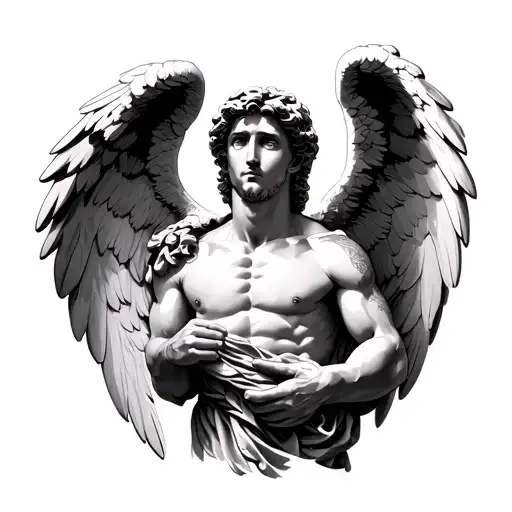 Make an angel with features of a light skin, body of a Greek god and that he has open wings holding tattoo design idea