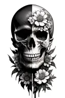 face that's half-human, half-exposed skull, with withering flowers growing from the seam  tattoo design idea