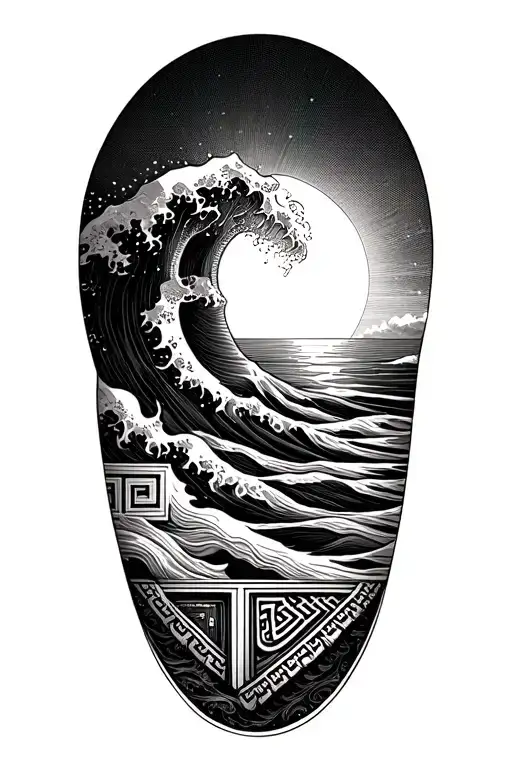  gentle wave, sun rise, Greek key band at base of sleeve tattoo design idea