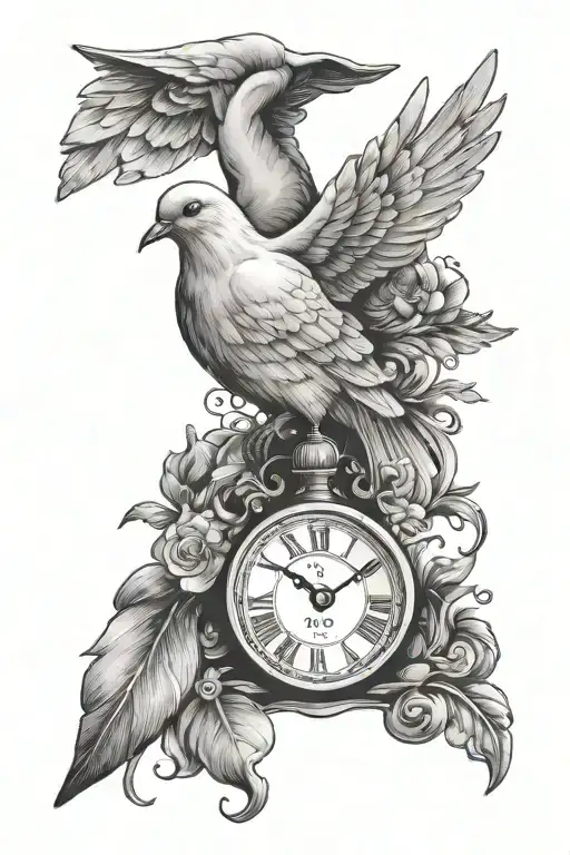 dove with a clock with a name written tattoo design idea