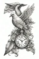 dove with a clock with a name written tattoo design idea