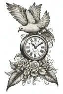 dove with a clock with a name written tattoo design idea