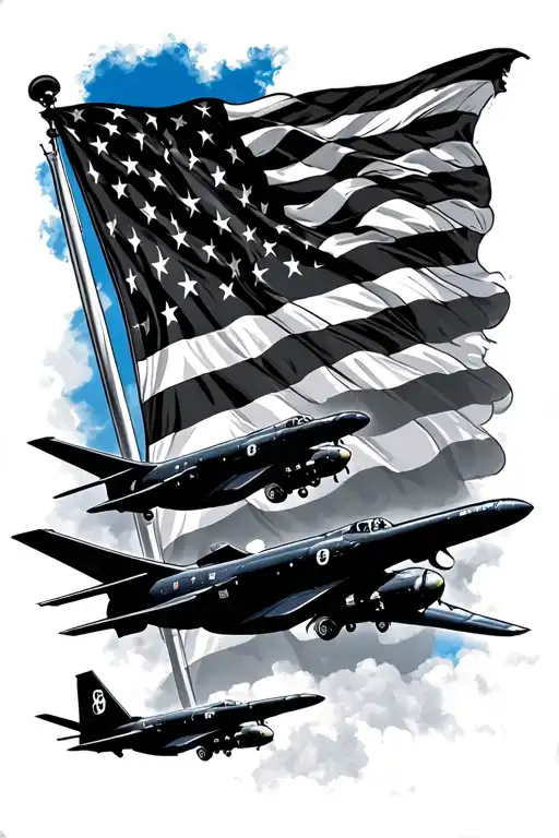 american flag, black and blue. with b2 bombers flying over i tattoo design idea