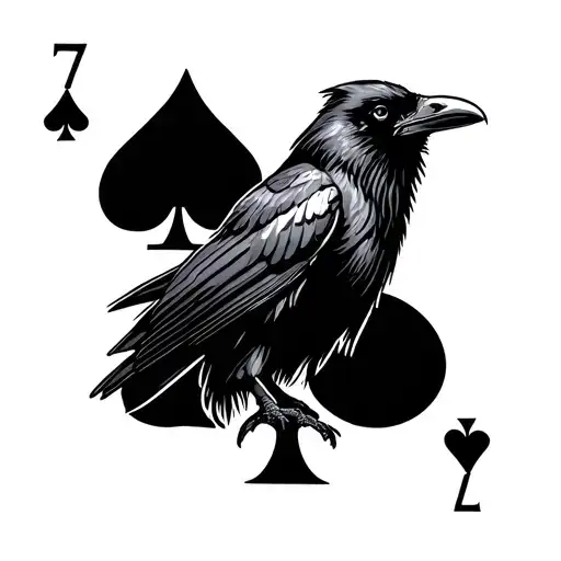 7 spades and 2 diamonds playing card with raven perched tattoo design idea