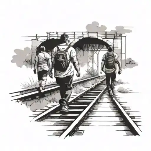 3 friends walking down train track tattoo design idea