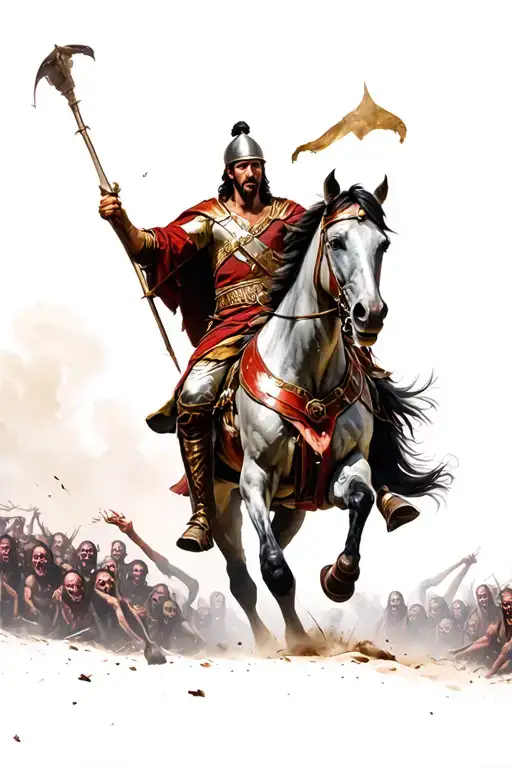 Roman general on his horse fighting a horde of ghouls tattoo design idea