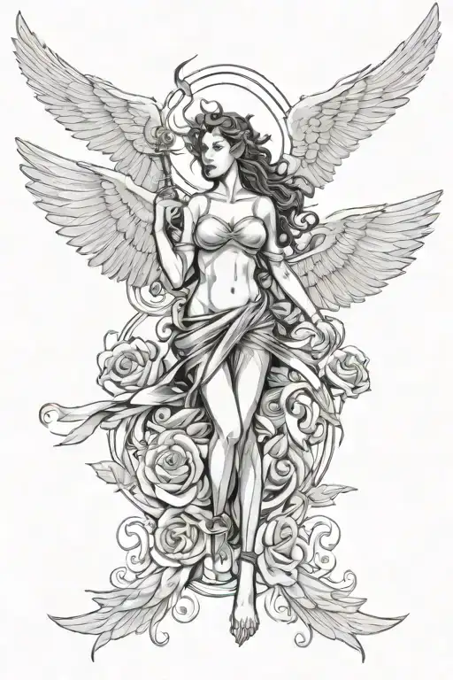 woman with wings and angels and 2001 birth year and lightning tattoo design idea