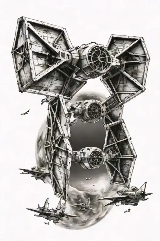 X Wing Fighters Tie Fighter flying in air above people hunting on earth tattoo design idea