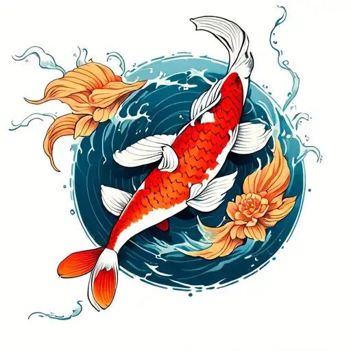 The koi starts at the inner elbow, swimming upward with its tail curling around the outer bicep. The tori gate arches  tattoo design idea