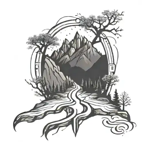 harry potter influenced magical crossroad, one path is easy, the other is hard, with a mountain tattoo design idea