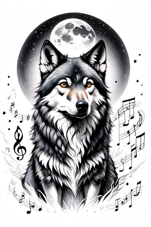 Wolf Luna with musical notes tattoo design idea