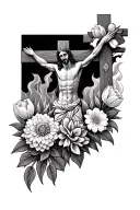 Jesus on a cross in the background, surrounded by a burning bush. Flower landscape including, tulips, dahlia, carnations tattoo design idea