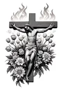 Jesus on a cross in the background, surrounded by a burning bush. Flower landscape including, tulips, dahlia, carnations tattoo design idea
