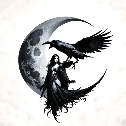 Morrigan with her raven, a tripple goddess moon, similar in style to a tarot card tattoo design idea