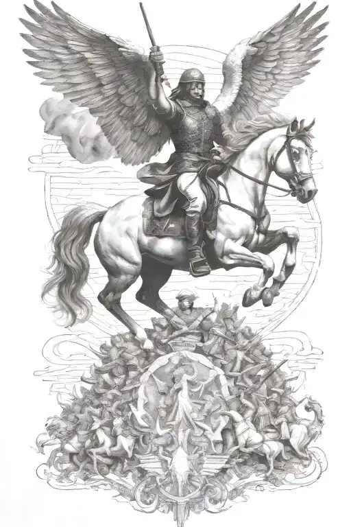 angel ride horse galloping through the war scene tattoo design idea