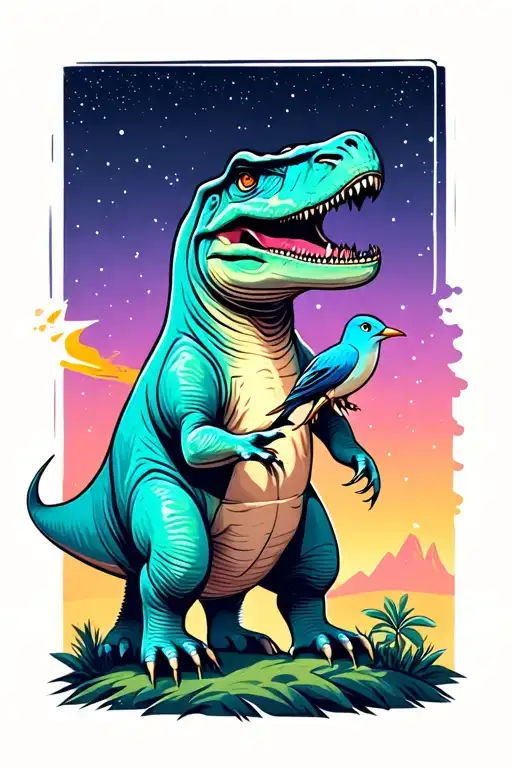 Large dinosaur standing over and looking at small bird. Comet in the background. tattoo design idea